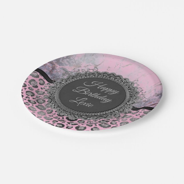 Pink Blush Marble Glittery Leopard Birthday Paper Plate (Angled)