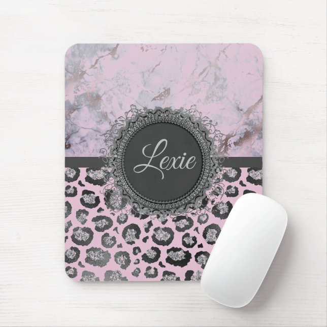 Pink Blush Marble Glittery Leopard Personalised Mouse Mat (With Mouse)