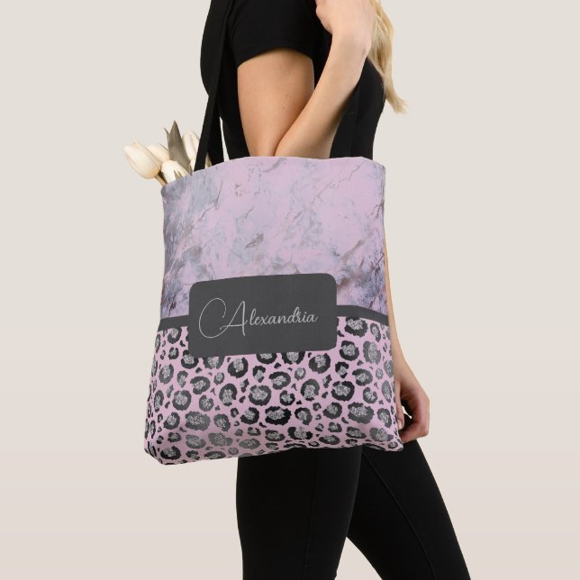 Pink Blush Marble Glittery Leopard Personalised Tote Bag (Close Up)