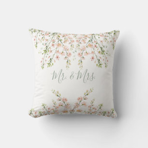 Pink Blush Mr and Mrs Floral Name Wildflowers Cushion