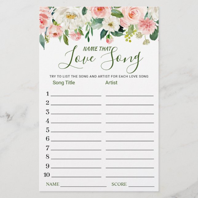 Pink Blush Name that Love Song Bridal Shower Game (Front)