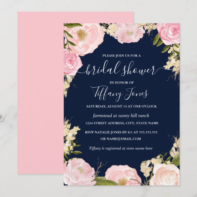 Pink Blush Navy Floral Bridal Shower Invitation (Front/Back)