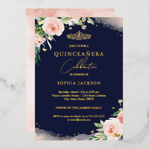 Pink Blush Navy Floral Quinceanera Birthday