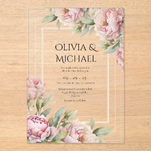 Pink Blush Peonies Floral Elegant Wedding Acrylic Invitations