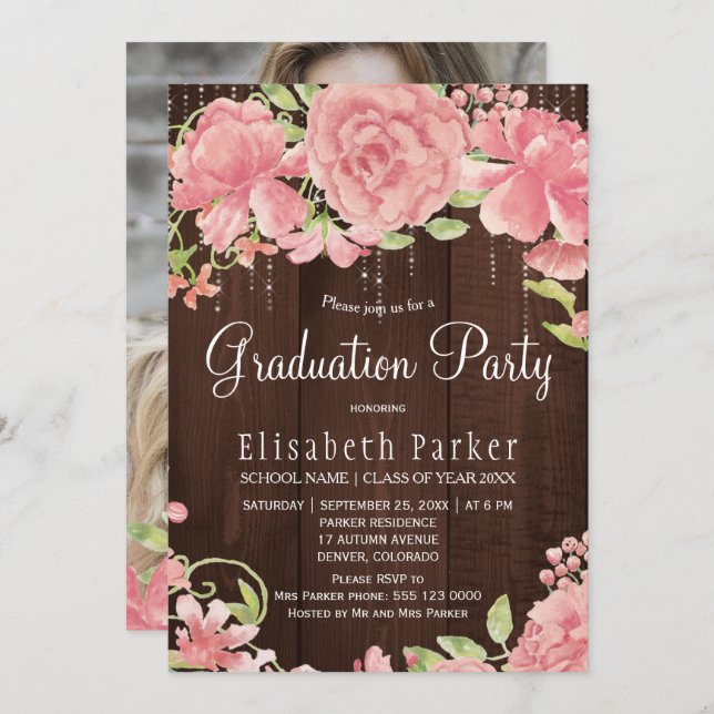 Pink blush peonies rustic PHOTO graduation party Invitation (Front/Back)