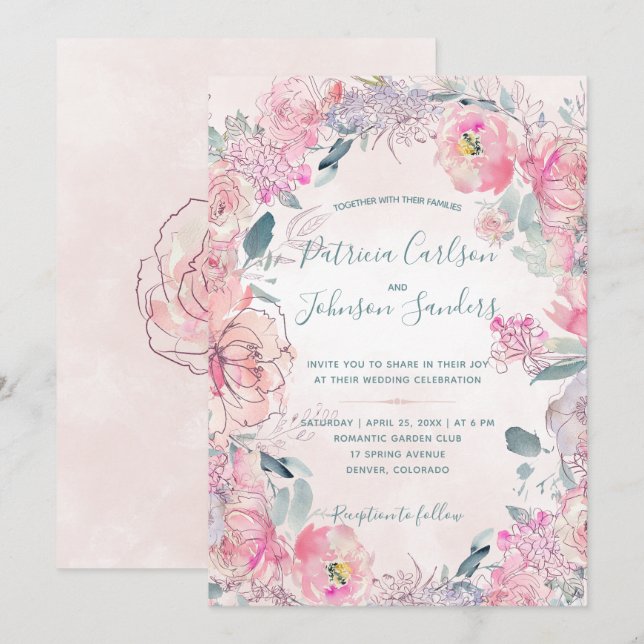 Pink blush peonies watercolor bouquets wedding invitation (Front/Back)