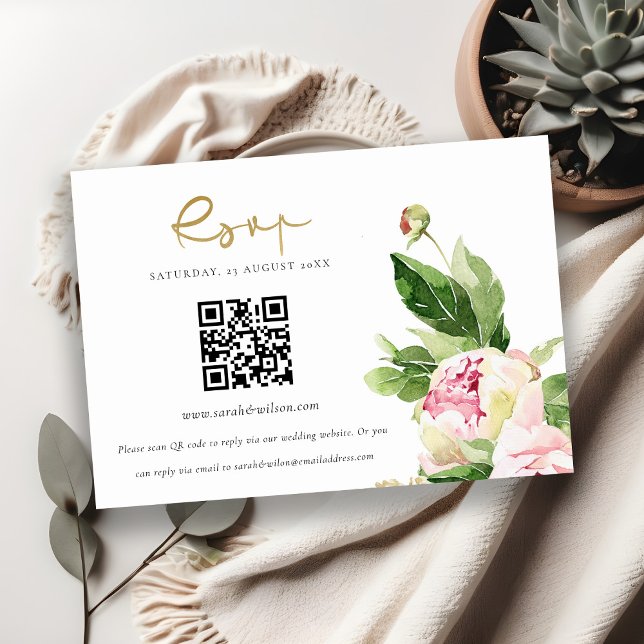 Pink Blush Peony Floral Wedding QR Code RSVP Enclosure Card (Creator Uploaded)
