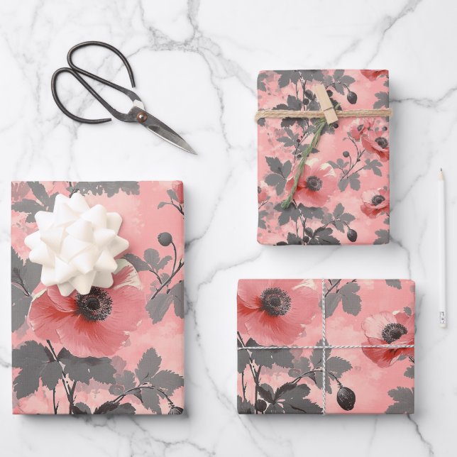 Pink, blush poppy flower pattern wrapping paper sheet (Front)