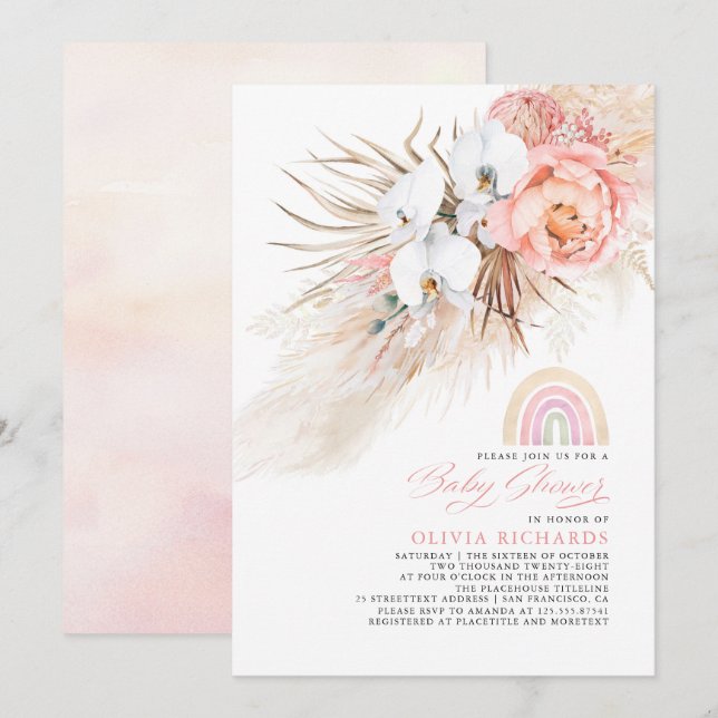 Pink Blush Rainbow Pampas Grass Baby Shower Girl Invitation (Front/Back)