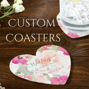Pink Blush Raspberry Watercolor Floral  Wedding Paper Coaster