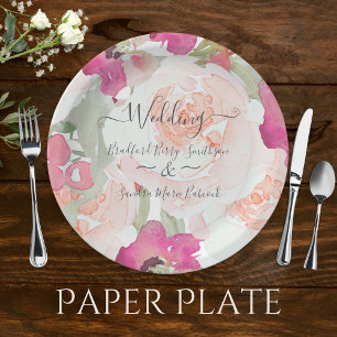 Pink Blush Raspberry Watercolor Floral  Wedding Paper Plate