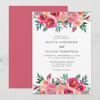 Pink Blush & Red Floral Watercolor Wedding Invitation