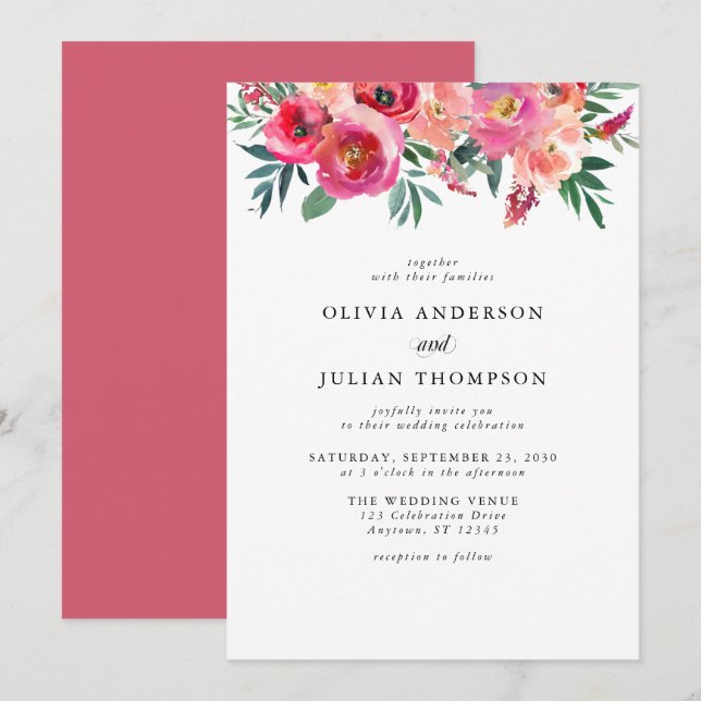 Pink Blush & Red Floral Watercolor Wedding Invitation (Front/Back)