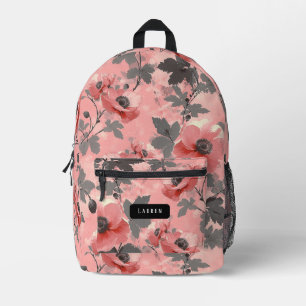 Pink, blush, red poppy flower pattern printed backpack