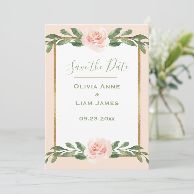 Pink Blush Romantic Floral Elegant Green Script Save The Date (Standing Front)