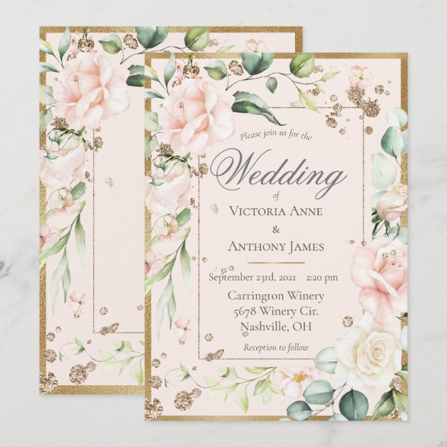 Pink Blush Romantic Floral Wedding Invitation (Front/Back)