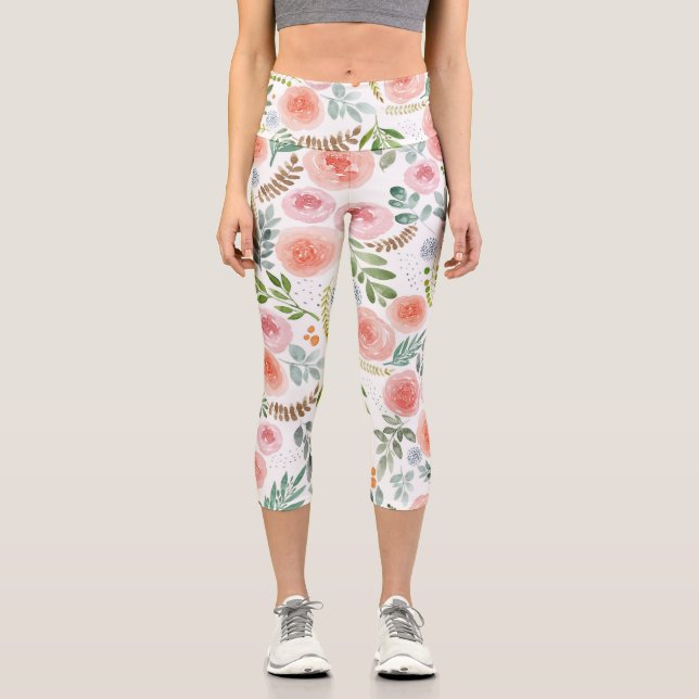 Pink Blush Rose and Greenery Leaves  Capri Leggings (Front)