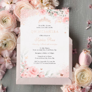Pink Blush Rose Butterfly Silver Quinceanera