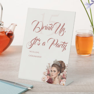 Pink Blush Rose Elegant Quinceañera Drinks Section Pedestal Sign