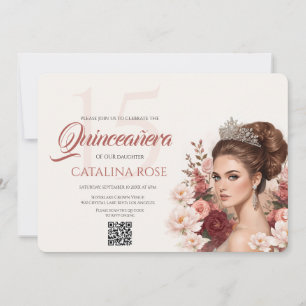 Pink Blush Rose Elegant Quinceañera QR Code Invitation