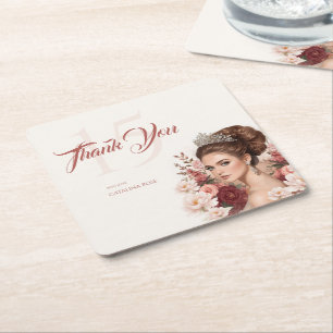 Pink Blush Rose Elegant Quinceañera Square Paper Coaster