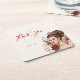 Pink Blush Rose Elegant Quinceañera Square Paper Coaster