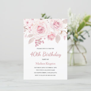 Pink Blush Rose Elegant Womans 40th Birthday Party Invitation