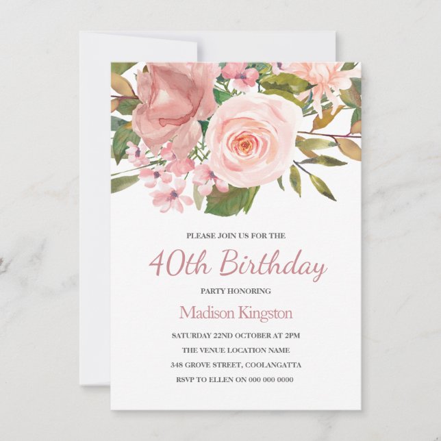 Pink Blush Rose Gold 40th Birthday Party Invite (Front)