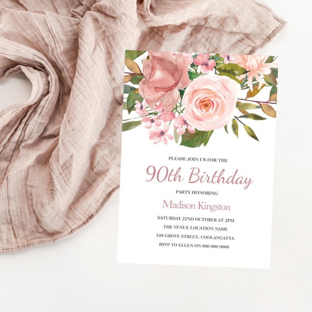 Pink Blush Rose Gold 90th Birthday Party Invite (Creator Uploaded)