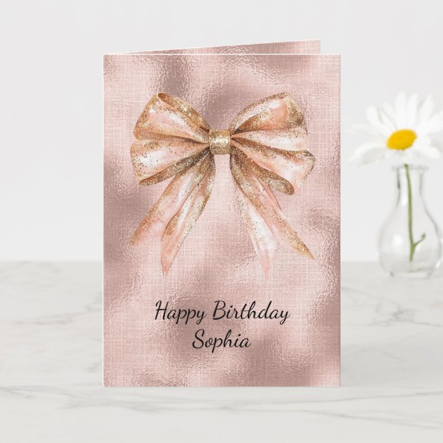 Pink Blush Rose Gold Bow Birthday  Card (Small Plant)