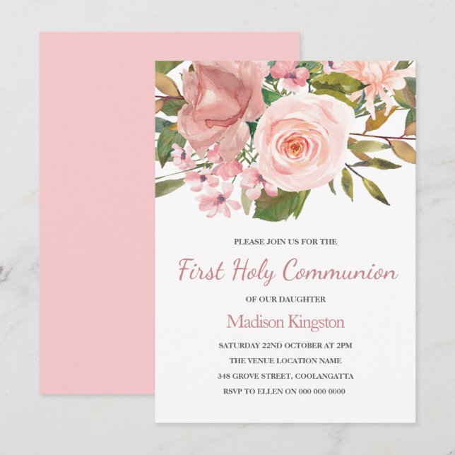Pink Blush Rose Gold First Holy Communion Invite (Front/Back)