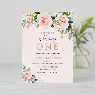 Pink Blush Rose Gold Floral Girl 1st Birthday