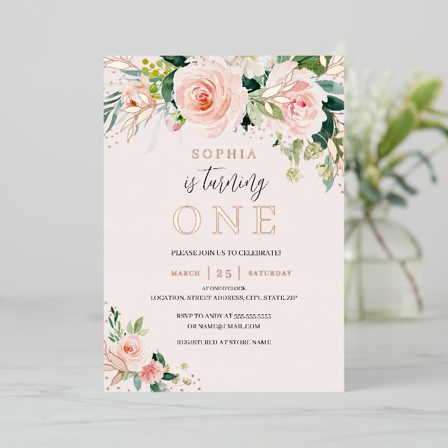Pink Blush Rose Gold Floral Girl 1st Birthday  (Standing Front)