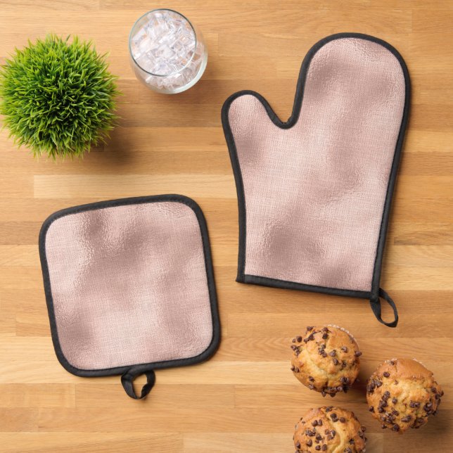 Pink Blush Rose Gold Glam Sparkle Oven Mitt & Pot Holder Set (Top Down)