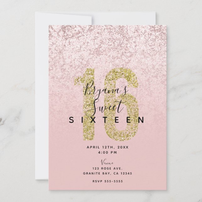 Pink Blush Rose Gold Glitter Marble Glam Sweet 16 Invitation (Front)