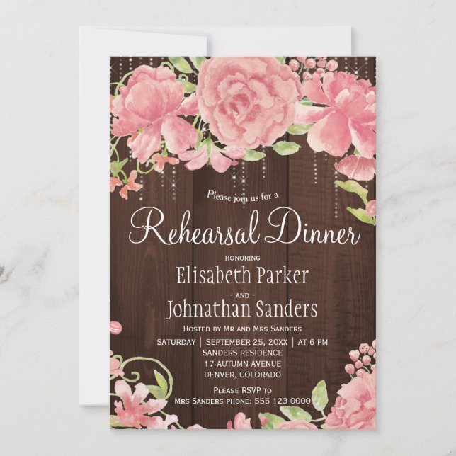 Pink blush rose peonies rustic rehearsal dinner invitation (Front)