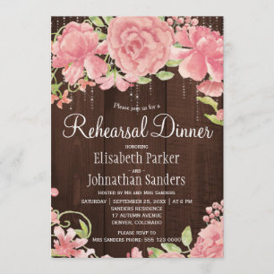 Pink blush rose peonies rustic rehearsal dinner invitation