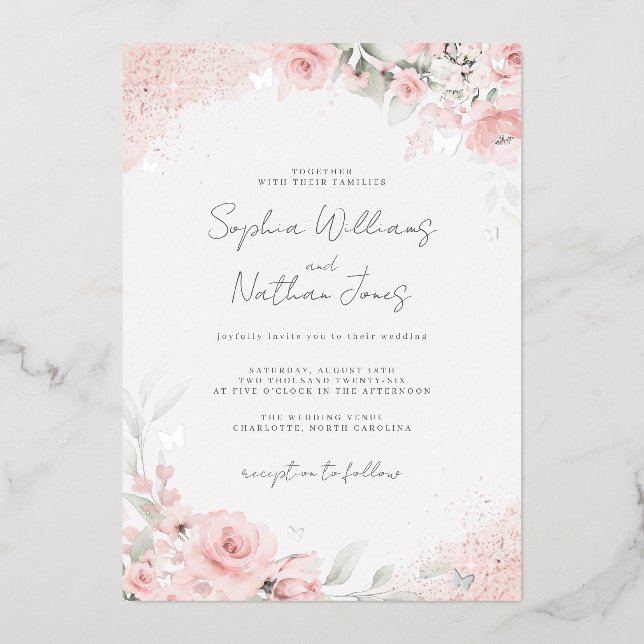 Pink Blush Rose Silver Butterfly Wedding  (Front)