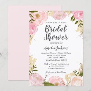 Pink Blush Rose Watercolor Floral Bridal Shower Invitation