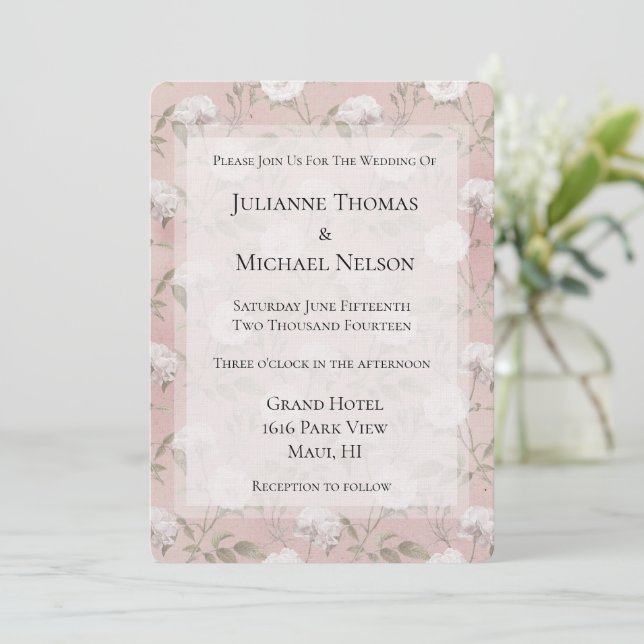 Pink Blush Rose White Floral Romantic Wedding Invitation (Standing Front)