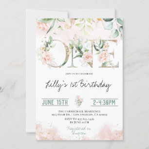 Pink Blush Roses 1st Birthday Invitation