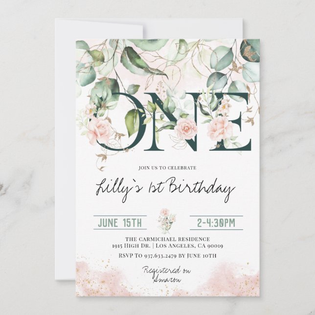 Pink Blush Roses 1st Birthday Invitation (Front)