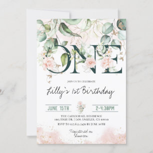 Pink Blush Roses 1st Birthday Invitation