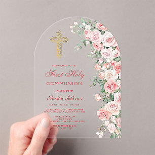 Pink Blush Roses Arch First Communion Acrylic Invitations