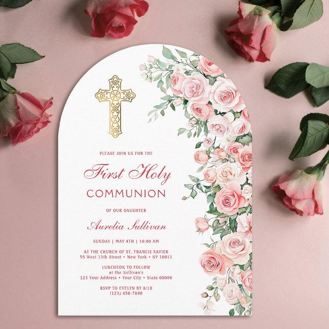Pink Blush Roses Arch First Communion Invitation (Creator Uploaded)