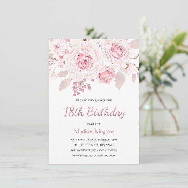Pink Blush Roses Elegant Girls 18th Birthday Party Invitation (Standing Front)