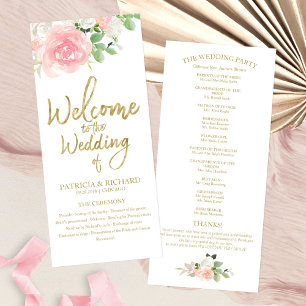 Pink Blush Roses Floral Gold Wedding Program