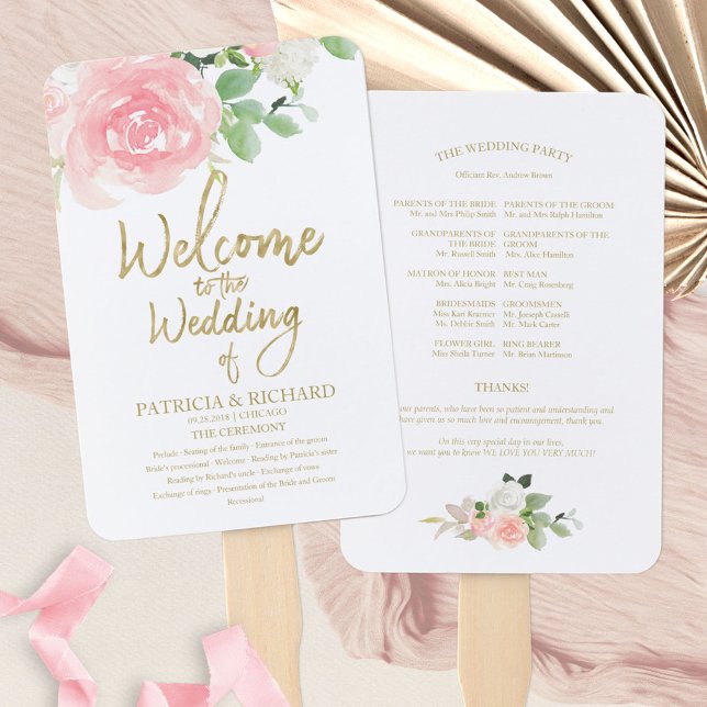 Pink Blush Roses Floral Gold Wedding Program Hand Fan (Creator Uploaded)