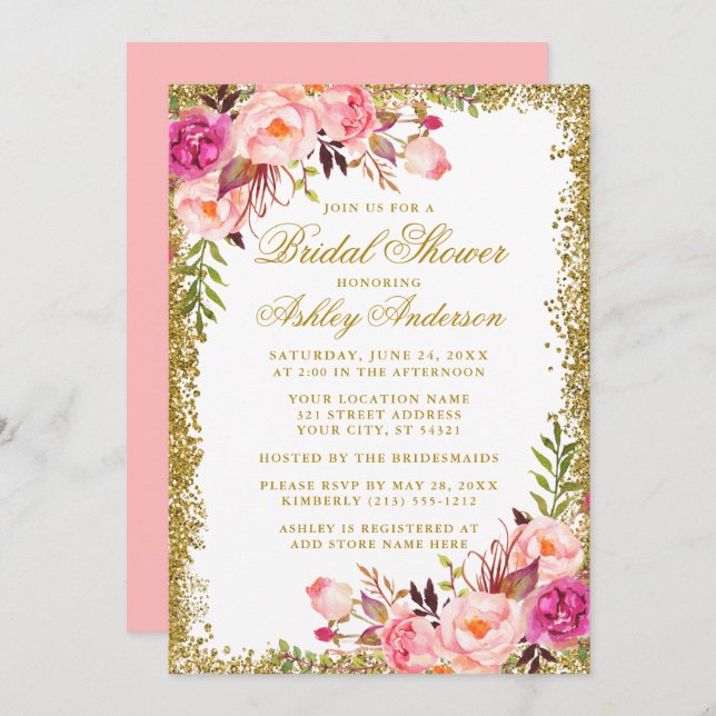Pink Blush Roses Gold Glitter Bridal Shower Invitation (Front/Back)