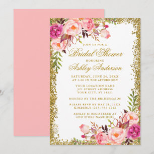 Pink Blush Roses Gold Glitter Bridal Shower Invitation